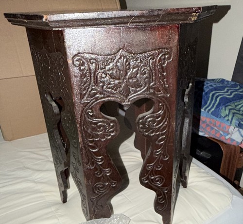 Carved wood hexagonal pedestal - wood,